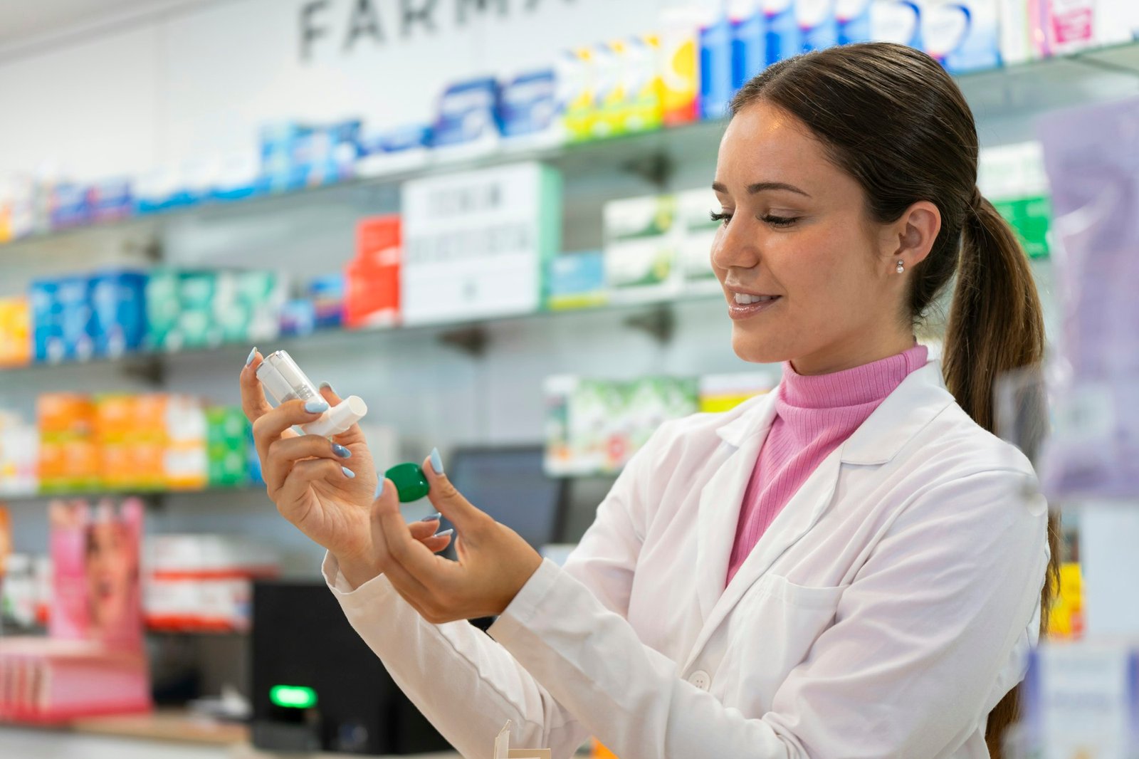 A female pharmacist showing an inhaler