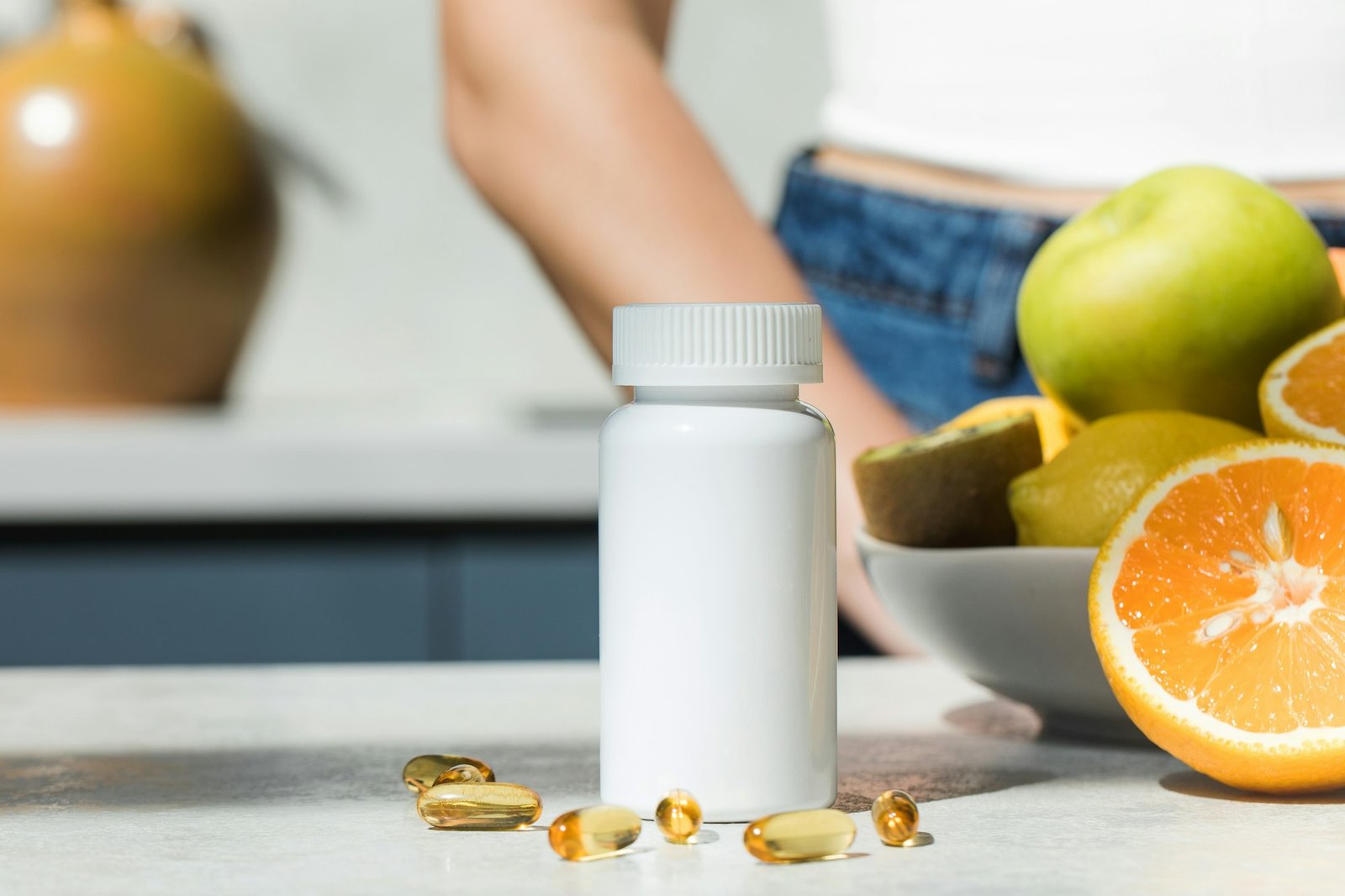 Mockup of a white plastic jar with vitamin D or fish oil capsules. Nutritional supplements.